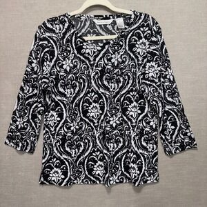 Drapers & Damon's Womens Floral Top M Black‎ White Stretch Boho Artsy Retro Soft
